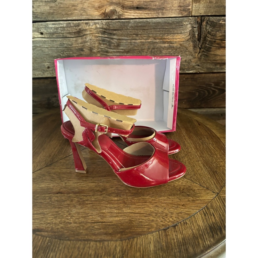 Vince Camuto VP-Pairia Bright Flame Red Patent Heeled Sandals Ankle Strap 9M